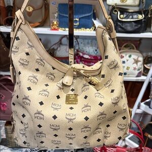 MCM Tan Monogram Hobo Bag lock and Key included it Clean Condition